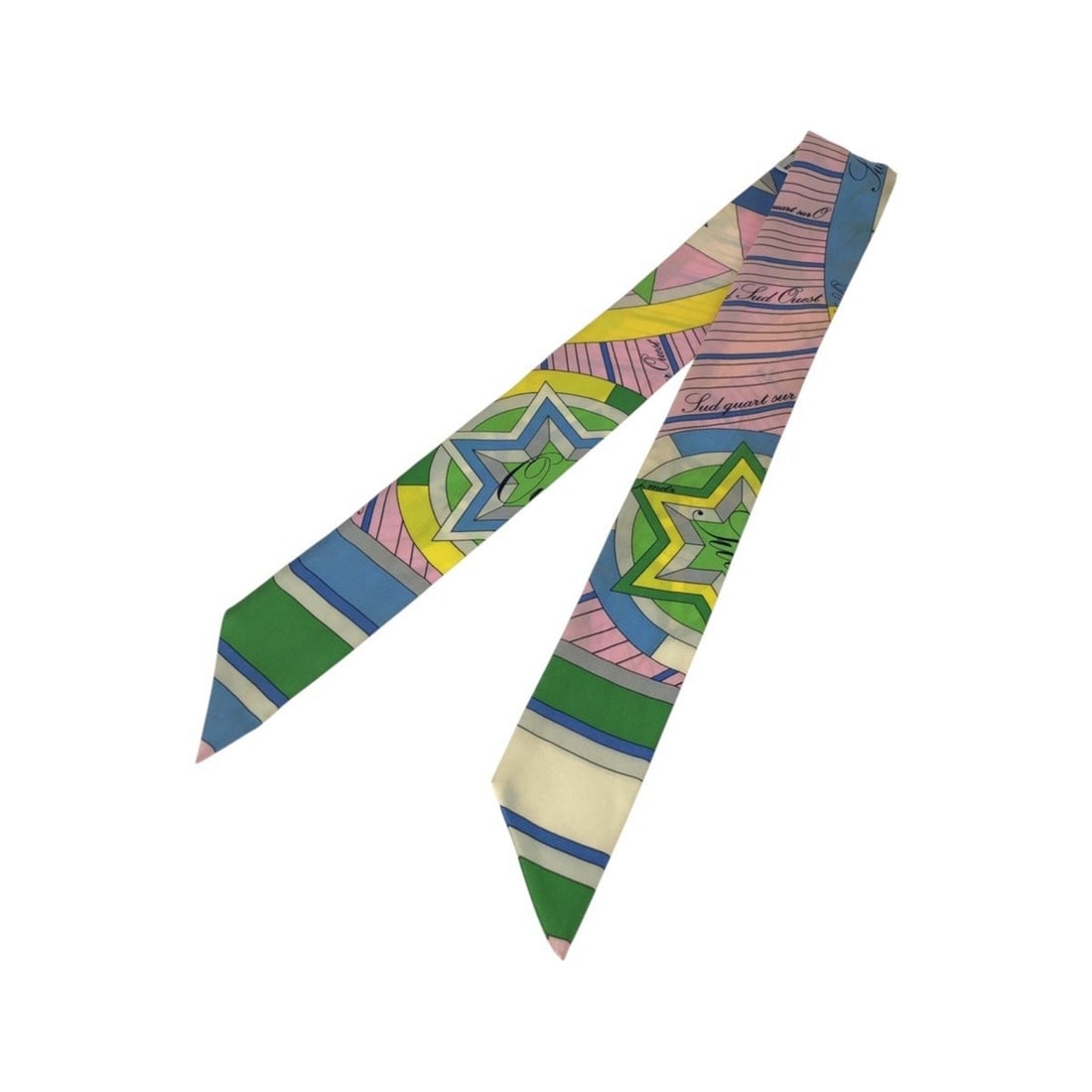 HERMES Twilly Astrologie Nouvelle Green Pink Yellow Silk Scarf Muffler Ribbon for Women: --- Catalog ---Category: SizeSize (LxW): 85cm x 5cm / 33.46'' x 1.96''Category: DesignType: ScarfColor: Green, Pink, YellowGender: WomenMaterial: Silk Category: GeneralBrand: HermesCountry of Origin: 