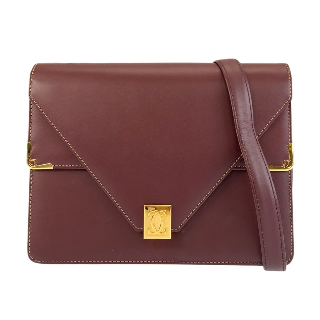 CARTIER Vintage Must Line Bordeaux Gold Hardware Leather Shoulder Bag Pouch for Women (1 of 12)