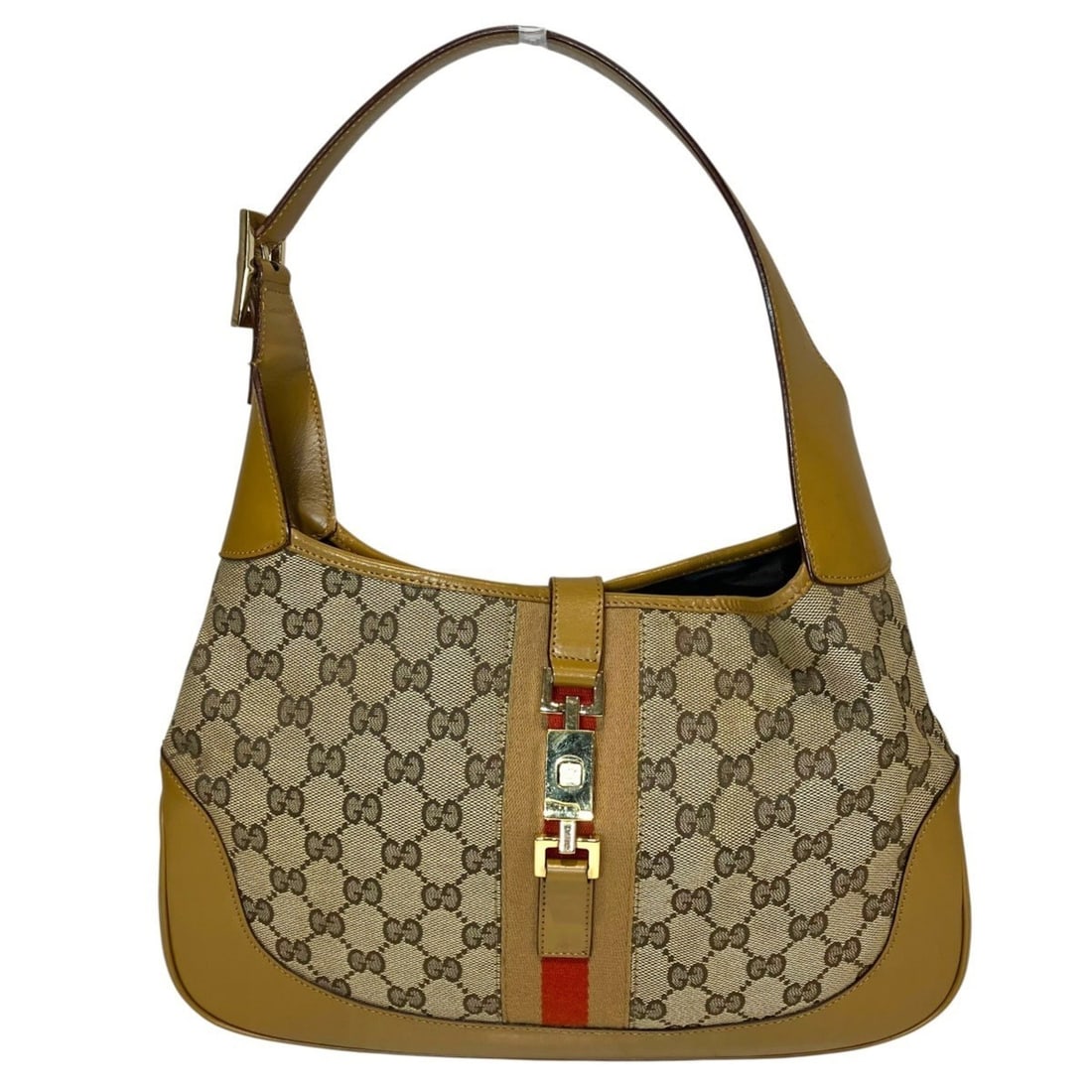 Gucci Jackie Shoulder Bag, Canvas and Leather, 001-3306: --- Catalog ---Category: SizeSize (HxWxD): 21cm x 31cm x 3.5cm / 8.26'' x 12.2'' x 1.37''Category: DesignType: Shoulder bagColor: BrownGender: WomenMaterial: Canvas , Leather Category: GeneralBrand: