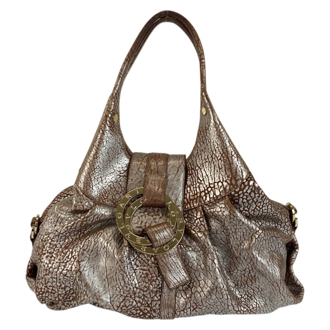 BVLGARI Chandra Brown Leather Handbag/Shoulder Bag with Silver and Gold Hardware for Women: --- Catalog ---Category: SizeSize (HxWxD): 22cm x 36cm x 20cm / 8.66'' x 14.17'' x 7.87''Category: DesignType: Handbag, Shoulder bagColor: BrownGender: WomenMaterial: Leather Category: GeneralBrand: B