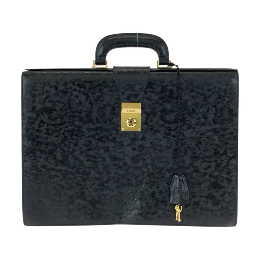 LOEWE Anagram Black Leather Business Bag Briefcase with Gold Hardware for Men: --- Catalog ---Category: SizeSize (HxWxD): 28cm x 39cm x 8cm / 11.02'' x 15.35'' x 3.14''Category: DesignType: BriefcaseColor: BlackGender: MenMaterial: Leather Hardware Color: GoldCategory: GeneralBr