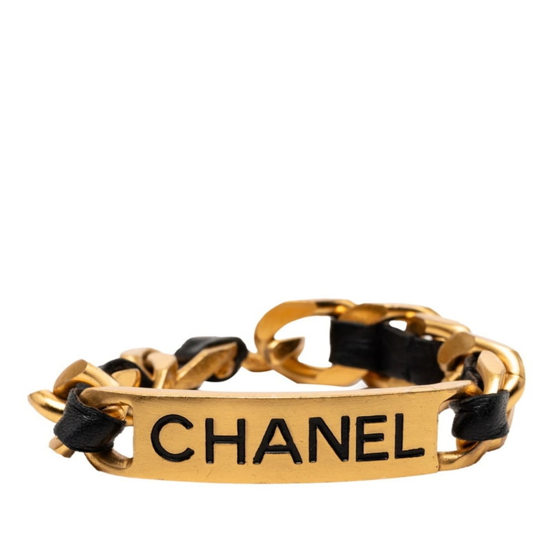 Chanel Vintage Logo Chain Bracelet, Gold and Black Plated Leather, Women's. (1 of 20)