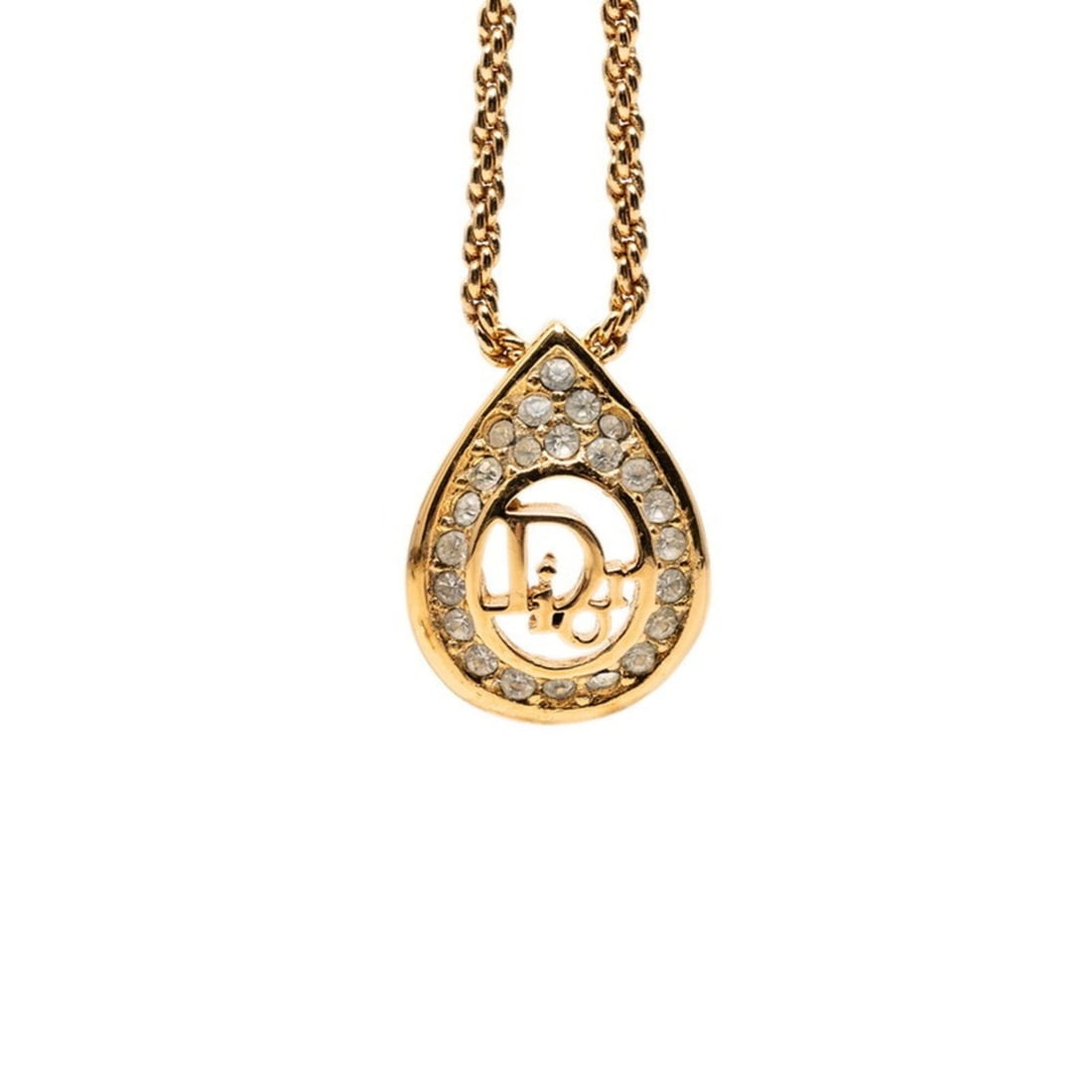 Christian Dior Dior Teardrop Logo Necklace, Gold Plated Rhinestones, Women's: --- Catalog ---Category: SizePendant Size: 21.4mm x 16.1mm / 0.84'' x 0.63''Neck Circumference: 43 cm / 16.92''Category: DesignColor: GoldGender: WomenMaterial: Gold plating, RhinestoneNecklace Type: 