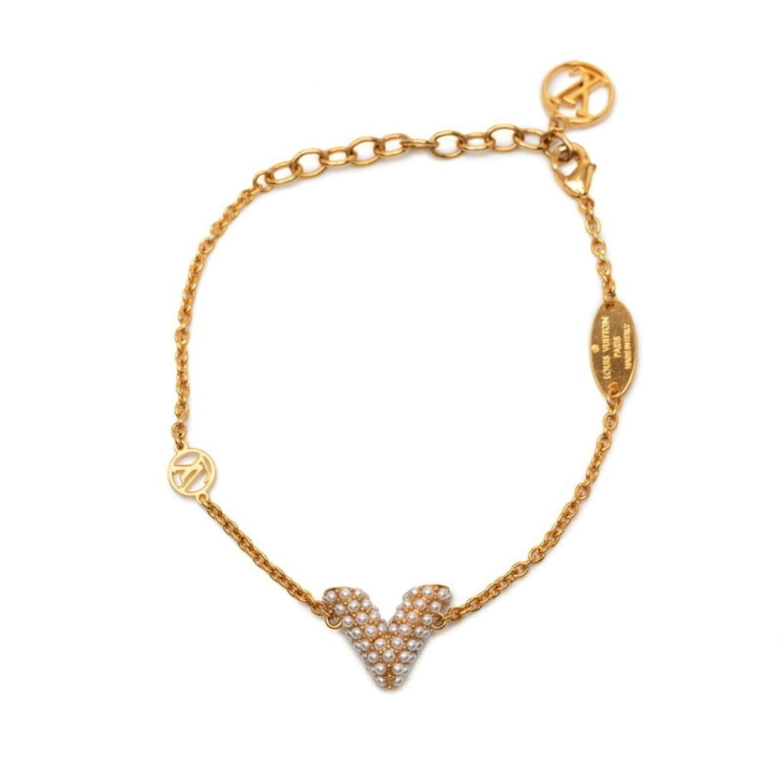 Louis Vuitton Bracelet Essential V M68361 Perle Gold Plated Faux Pearl Women's LOUIS VUITTON: --- Catalog ---Category: SizeLength: 18cm / 7.08''Category: DesignType: Charm braceletColor: GoldGender: WomenMaterial: Artificial pearl, Gold platingCategory: GeneralBrand: Louis Vuitton--- Item List