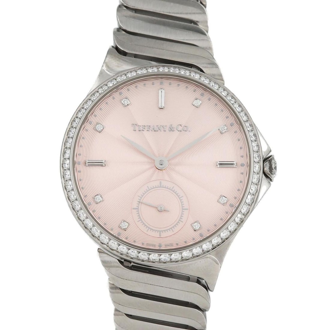 Tiffany Metro D 8P & 3 Baguette 60875006 Stainless Steel Automatic Watch: --- Catalog ---Category: SizeWrist Size: 19cm / 7.48''Case Diameter: 34mm / 1.34''Category: DesignType: WristwatchGender: WomenColor (Dial): PinkMaterial (Band): Stainless steelMaterial (Case): Stainl