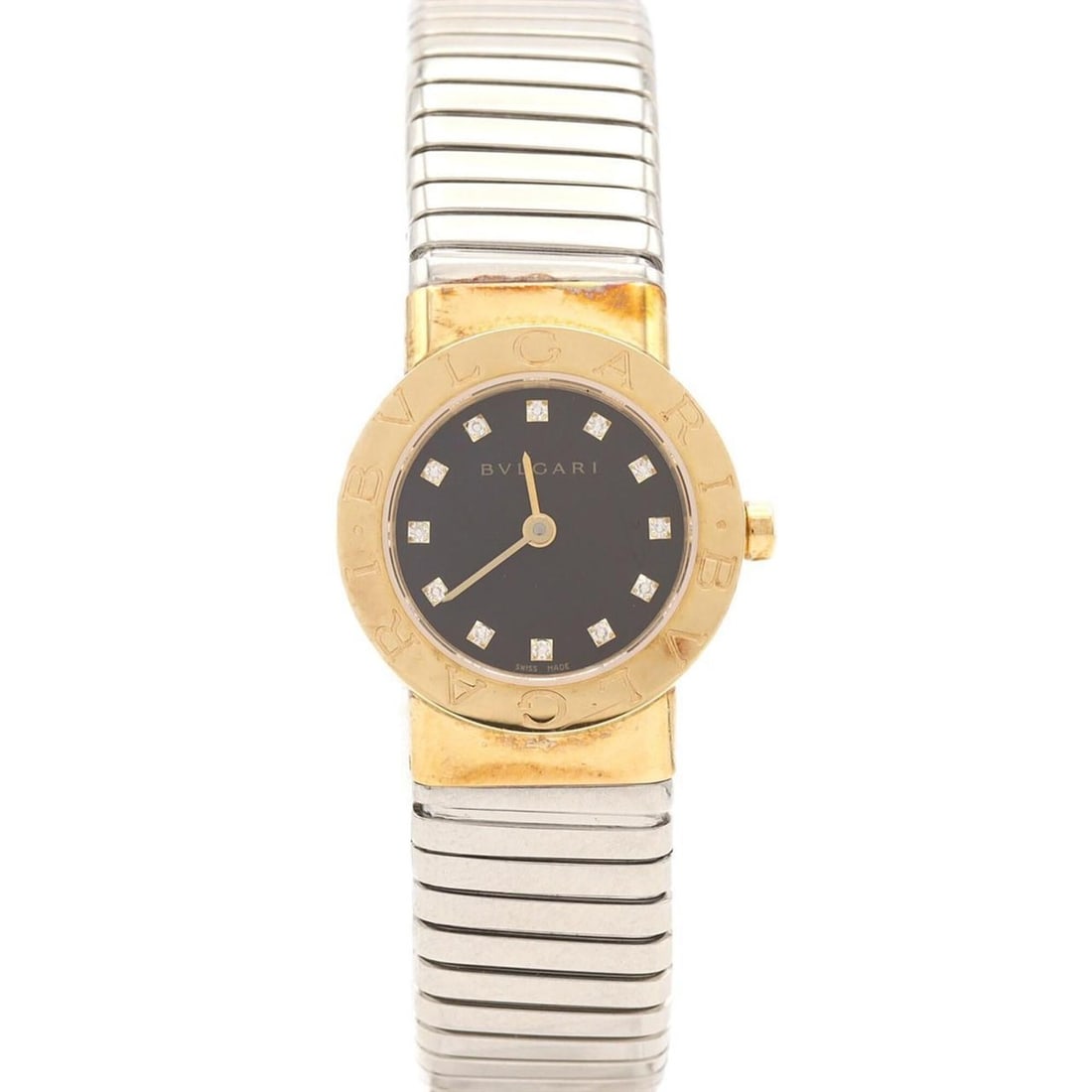 Bvlgari Tubogas Combination 12P Large Size BB232TG 12 YG Quartz Watch: --- Catalog ---Category: SizeWrist Size: 15cm / 5.9''Case Diameter: 23mm / 0.91''Category: DesignType: WristwatchGender: WomenColor (Dial): BlackMaterial (Band): Stainless steel, Yellow goldMaterial (