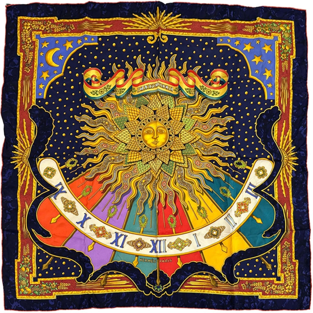 Hermes scarf/muffler, Carre 90, CARPE DIEM, for enjoying the day, women's brand, silk, navy,: --- Catalog ---Category: SizeSize (LxW): 90cm x 90cm / 35.43'' x 35.43''Category: DesignType: ScarfColor: Multi-color, NavyGender: WomenMaterial: Silk Category: GeneralBrand: HermesCountry of Origin: 