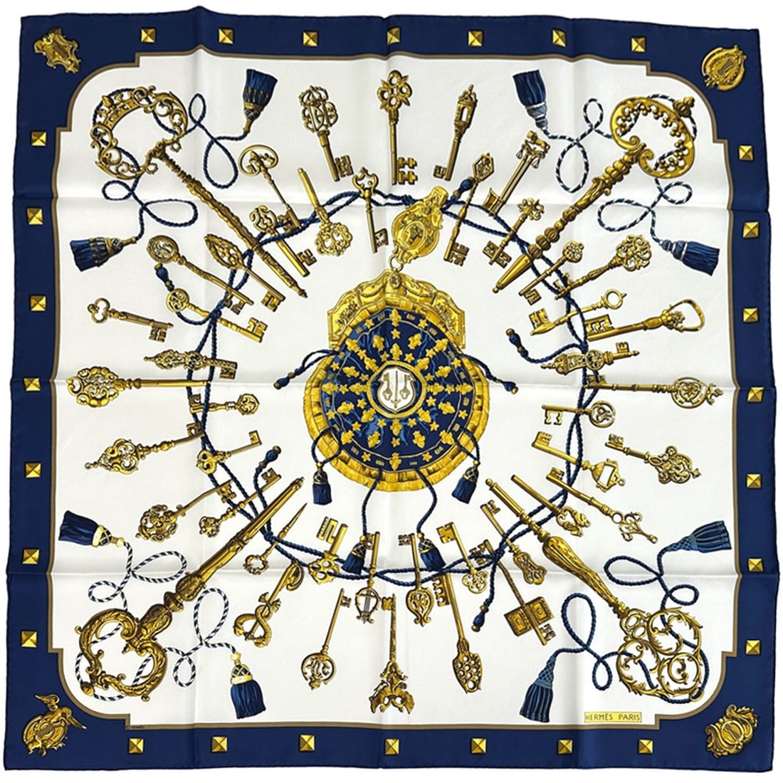Hermes scarf/muffler, Carre 90, LES CLES (key design), women's, brand name, silk, navy, multicolor.: --- Catalog ---Category: SizeSize (LxW): 90cm x 90cm / 35.43'' x 35.43''Category: DesignType: ScarfColor: Multi-color, NavyGender: WomenMaterial: Silk Category: GeneralBrand: HermesCountry of Origin: 