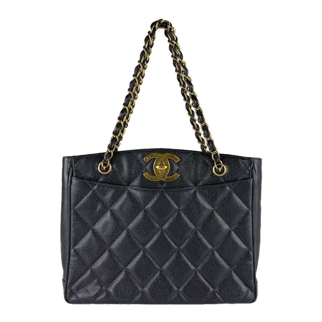 Chanel Matelassé Shoulder Bag, Caviar Leather, Metal, Black & Gold, Women's, Free Shipping, z9408: --- Catalog ---Category: SizeSize (HxWxD): 23cm x 28cm x 8cm / 9.05'' x 11.02'' x 3.14''Category: DesignType: Shoulder bagColor: BlackGender: WomenMaterial: Grained Calfskin Category: GeneralBrand: Ch