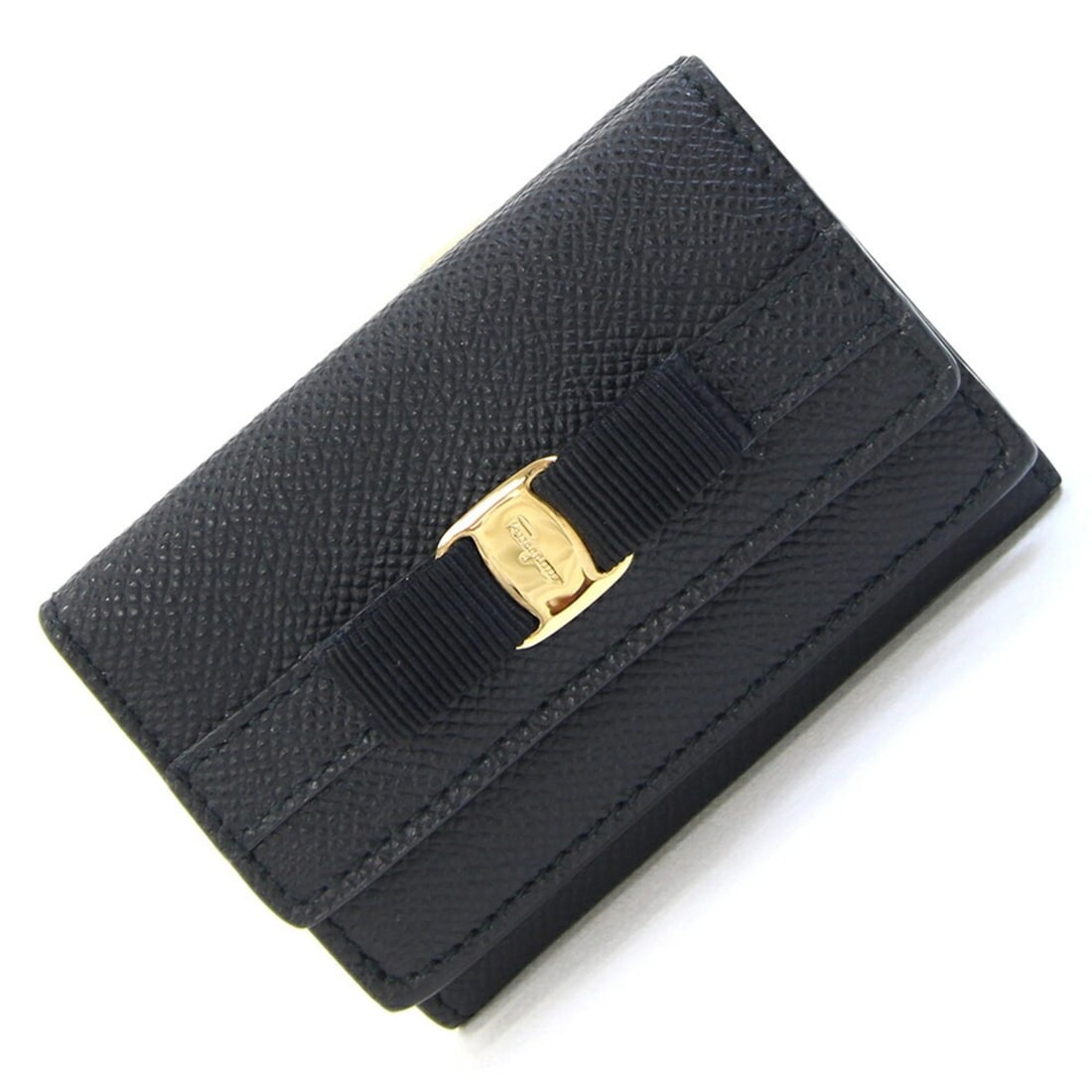 Salvatore Ferragamo Ferragamo Vara Tri-fold Wallet JL22 D951 Black Leather Compact Mini Ribbon (1 of 20)