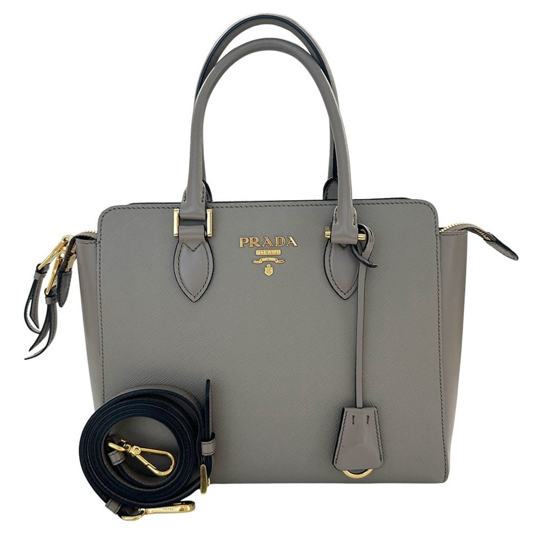 Prada PRADA handbag for women, brand name, handbag/shoulder bag, 2-way, Saffiano leather, gray,: --- Catalog ---Category: SizeSize (HxWxD): 21cm x 25.5cm x 9cm / 8.26'' x 10.03'' x 3.54''Category: DesignType: Handbag, Shoulder bagColor: GrayGender: WomenMaterial: Leather Leather/Fur Type: Saffian