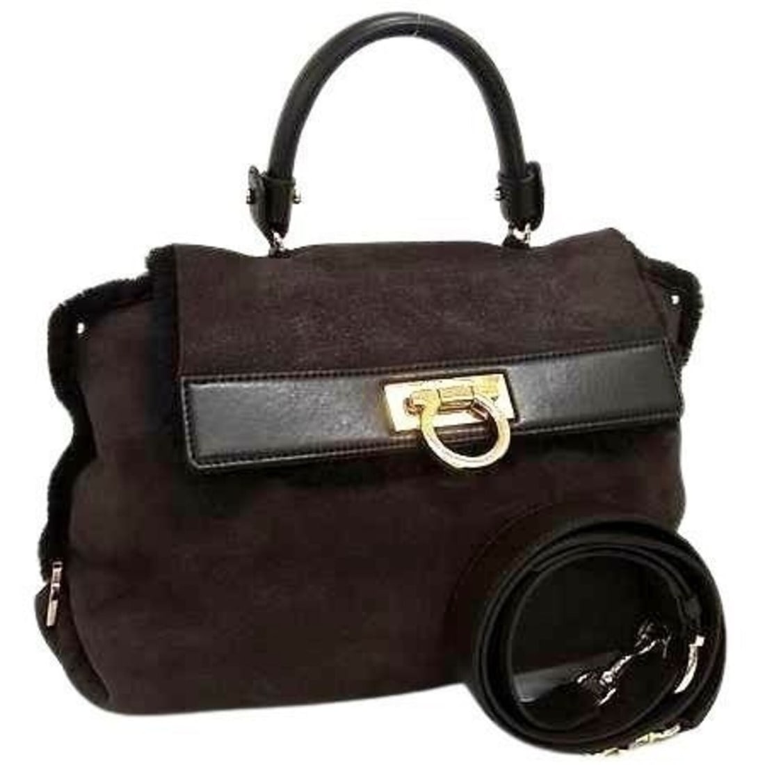 Salvatore Ferragamo handbag, Gancini design, EZ-21 E788, brown, sheepskin and leather, women's: --- Catalog ---Category: SizeSize (HxWxD): 24.5cm x 33cm x 14cm / 9.64'' x 12.99'' x 5.51''Category: DesignType: Handbag, Shoulder bagColor: BrownGender: WomenMaterial: Leather Leather/Fur Type: Mouto