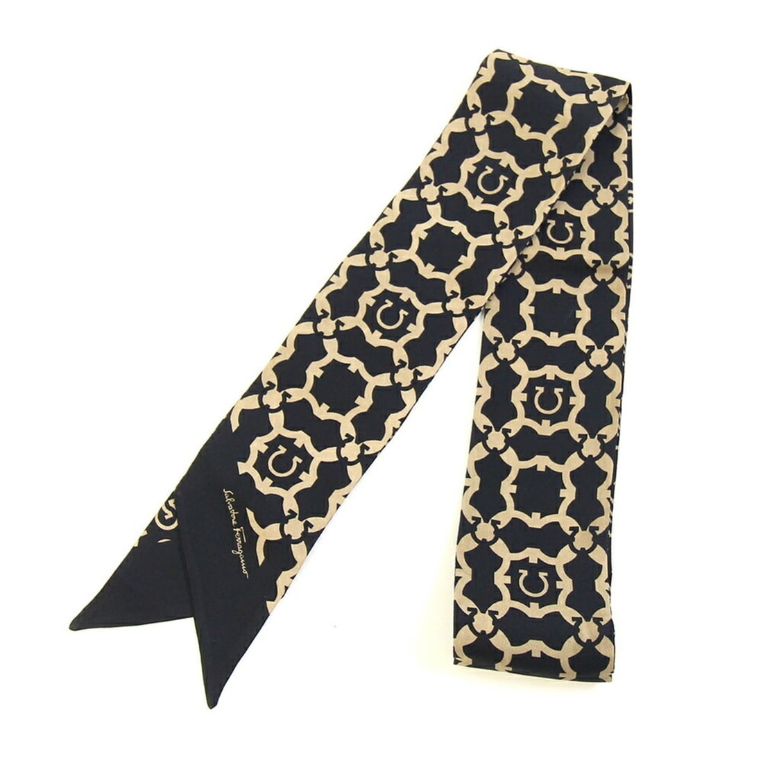 Salvatore Ferragamo Ferragamo Scarf/Muffler, Black/Light Brown, 100% Silk, Gancini Ribbon Scarf, (1 of 20)