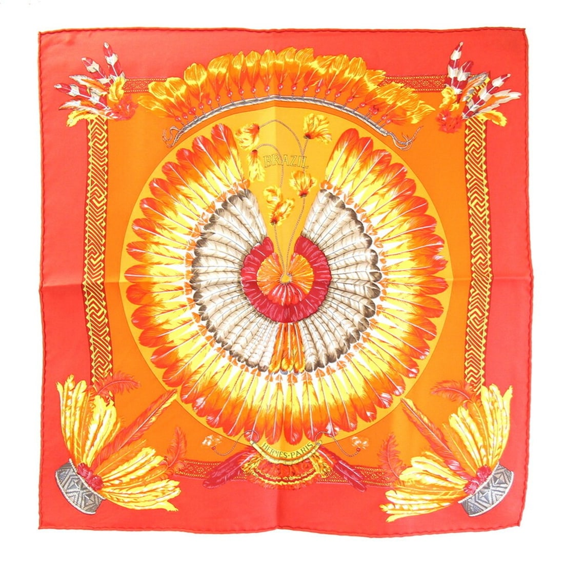 Hermes Scarf Muffler Carre 42 BRAZIL (Brazil) Red Orange 100% Silk Petit Women's HERMES: --- Catalog ---Category: SizeSize (LxW): 41cm x 42cm / 16.14'' x 16.53''Category: DesignType: ScarfColor: Orange, Red colorGender: WomenMaterial: Silk 100%Category: GeneralBrand: HermesCountry of Orig