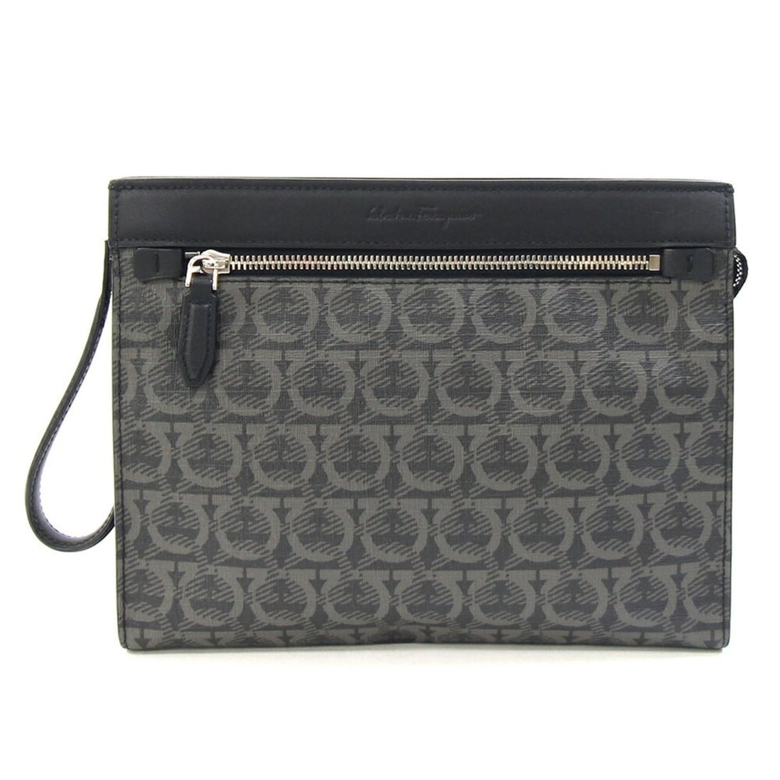 Salvatore Ferragamo Ferragamo Gancini Clutch Bag FB24 A223 Gray Black Leather Second with Strap: --- Catalog ---Category: SizeSize (HxWxD): 20.5cm x 26.5cm x 3cm / 8.07'' x 10.43'' x 1.18''Category: DesignType: Clutch bagColor: Black, GrayGender: MenMaterial: PVC , Leather Category: GeneralLine: 