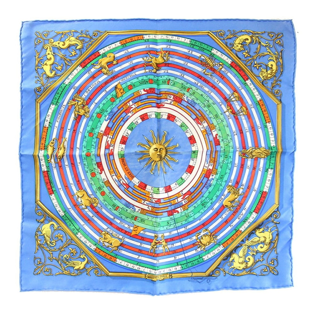 Hermes Scarf/Muffler, Carre 42, DIES ET HORE, Astrology, Blue, 100% Silk, Petit Carre/Mini Stole,: --- Catalog ---Category: SizeSize (LxW): 41.5cm x 41cm / 16.33'' x 16.14''Category: DesignType: ScarfColor: BlueGender: WomenMaterial: Silk 100%Category: GeneralBrand: HermesCountry of Origin: France-