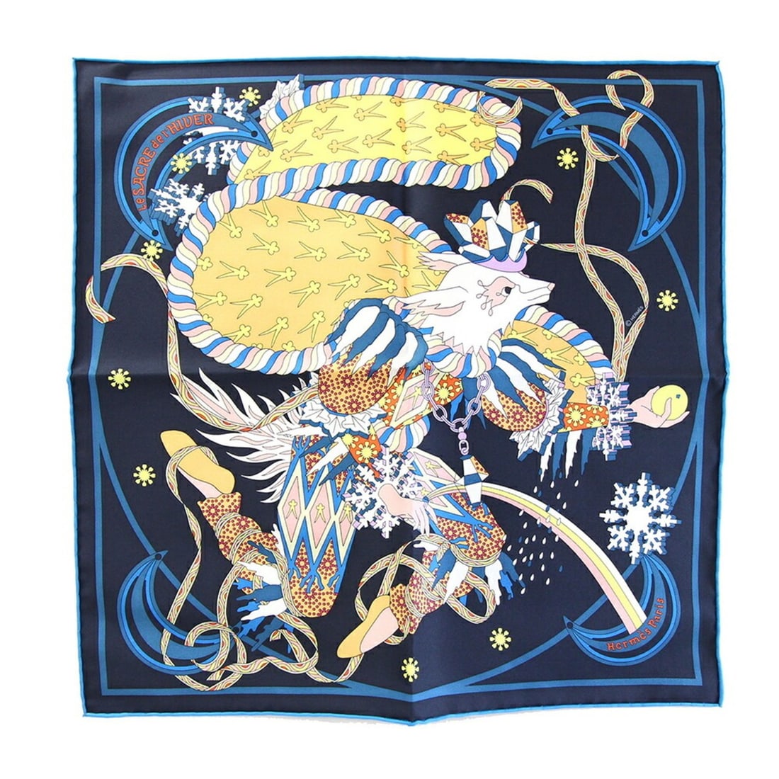 Hermes Scarf Muffler 2022 Collection Carre 42 Le Sacre de l’Hiver (The Festival of Winter) Black: --- Catalog ---Category: SizeSize (LxW): 42cm x 42cm / 16.53'' x 16.53''Category: DesignType: ScarfColor: Black, NavyGender: WomenSeason: Fall/winterMaterial: Silk 100%Category: GeneralBrand: HermesCo