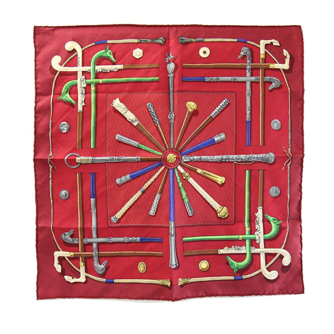 Hermes Scarf/Muffler, Carre 42, Cannes & Pommeaux, Walking Stick Pattern, Bordeaux, 100% Silk, Petit: --- Catalog ---Category: SizeSize (LxW): 42cm x 41cm / 16.53'' x 16.14''Category: DesignType: ScarfColor: BordeauxGender: WomenMaterial: Silk 100%Category: GeneralBrand: HermesCountry of Origin: Franc