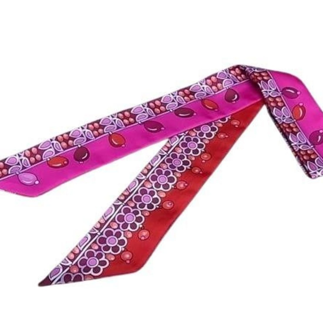HERMES Ribbon Scarf/Muffler Twilly PARURES DES MAHARAJAS (Maharaja's Accessories) H063254S 06: --- Catalog ---Category: SizeSize (LxW): 85cm x 5cm / 33.46'' x 1.96''Category: DesignType: ScarfColor: Fuchsia, Multi-colorGender: WomenMaterial: Silk 100%Category: GeneralLine: TwillyBrand: HermesCo