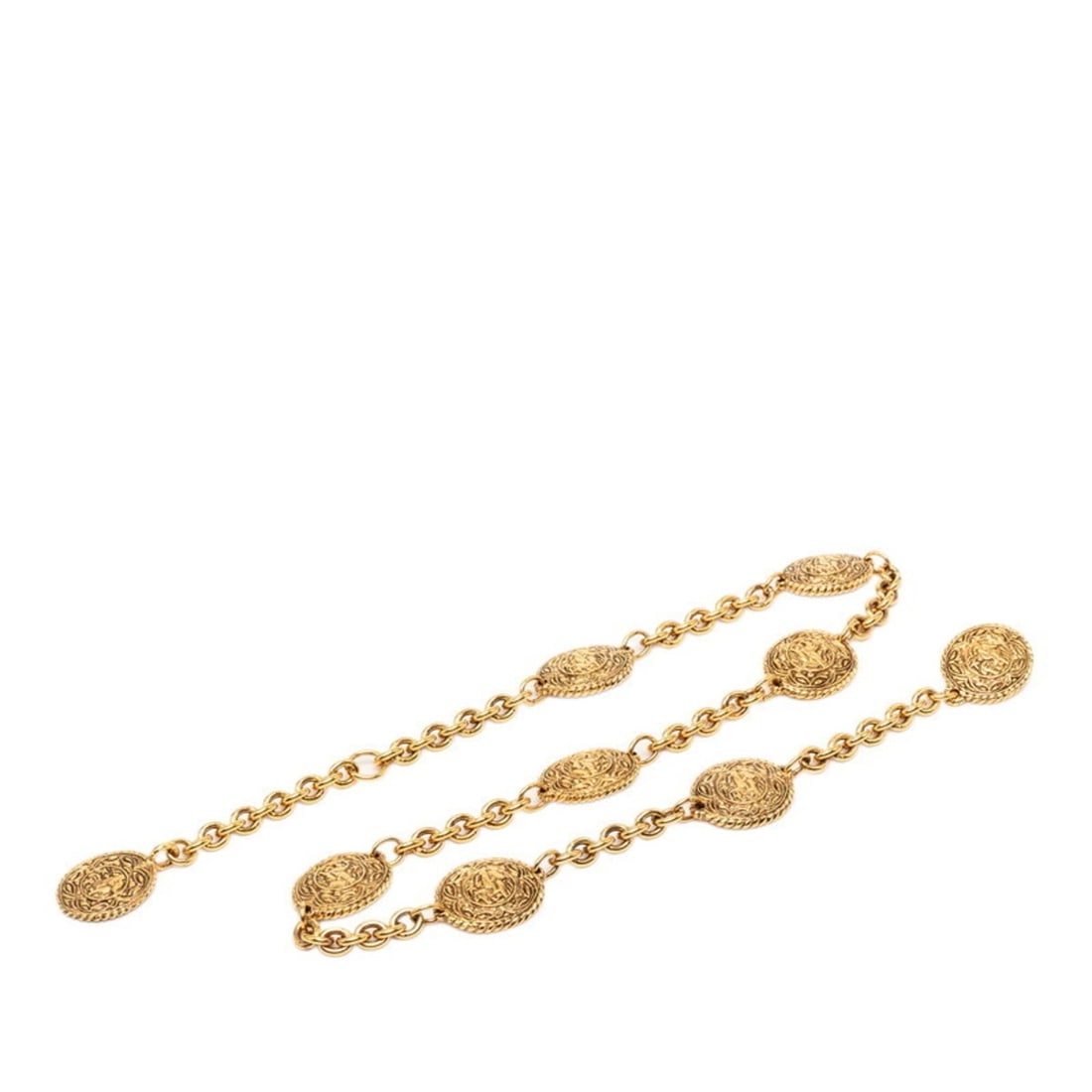Chanel Coco Mark Vintage Horse Chain Belt Gold Plated Women's CHANEL: --- Catalog ---Category: SizeWidth: 2.8cm / 1.1''Length: 88cm / 34.64''Category: DesignType: Chain beltColor: GoldFinish: Gold platedGender: WomenCategory: GeneralBrand: Chanel--- Item List ---Section