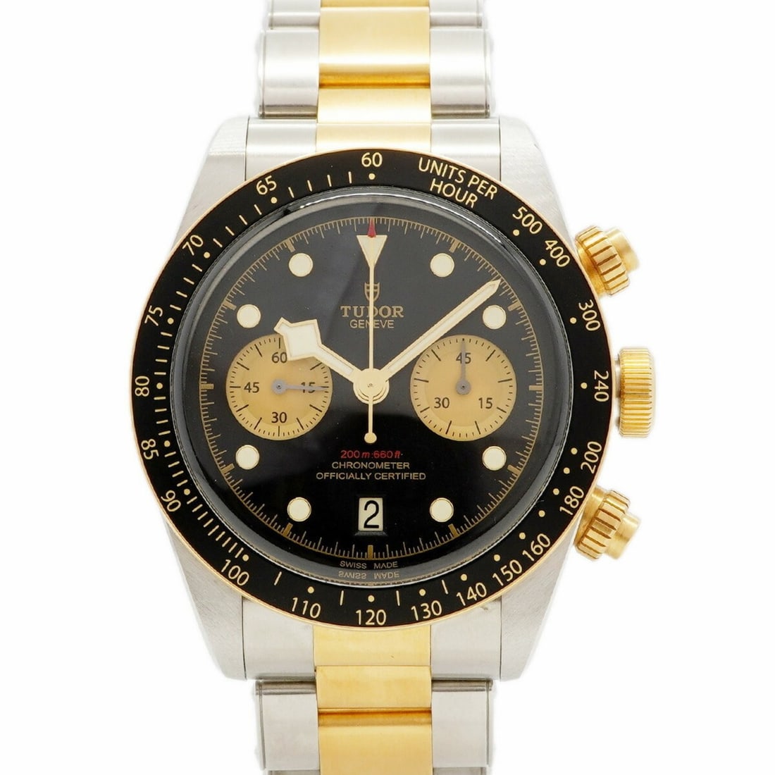 Tudor Black Bay Chrono 79363N Dial Men's Watch: --- Catalog ---Category: SizeWrist Size: 19cm / 7.48''Case Diameter: 41.5mm / 1.63''Category: DesignType: WristwatchGender: MenColor (Dial): BlackMaterial (Band): Stainless steel, Yellow goldCategory: