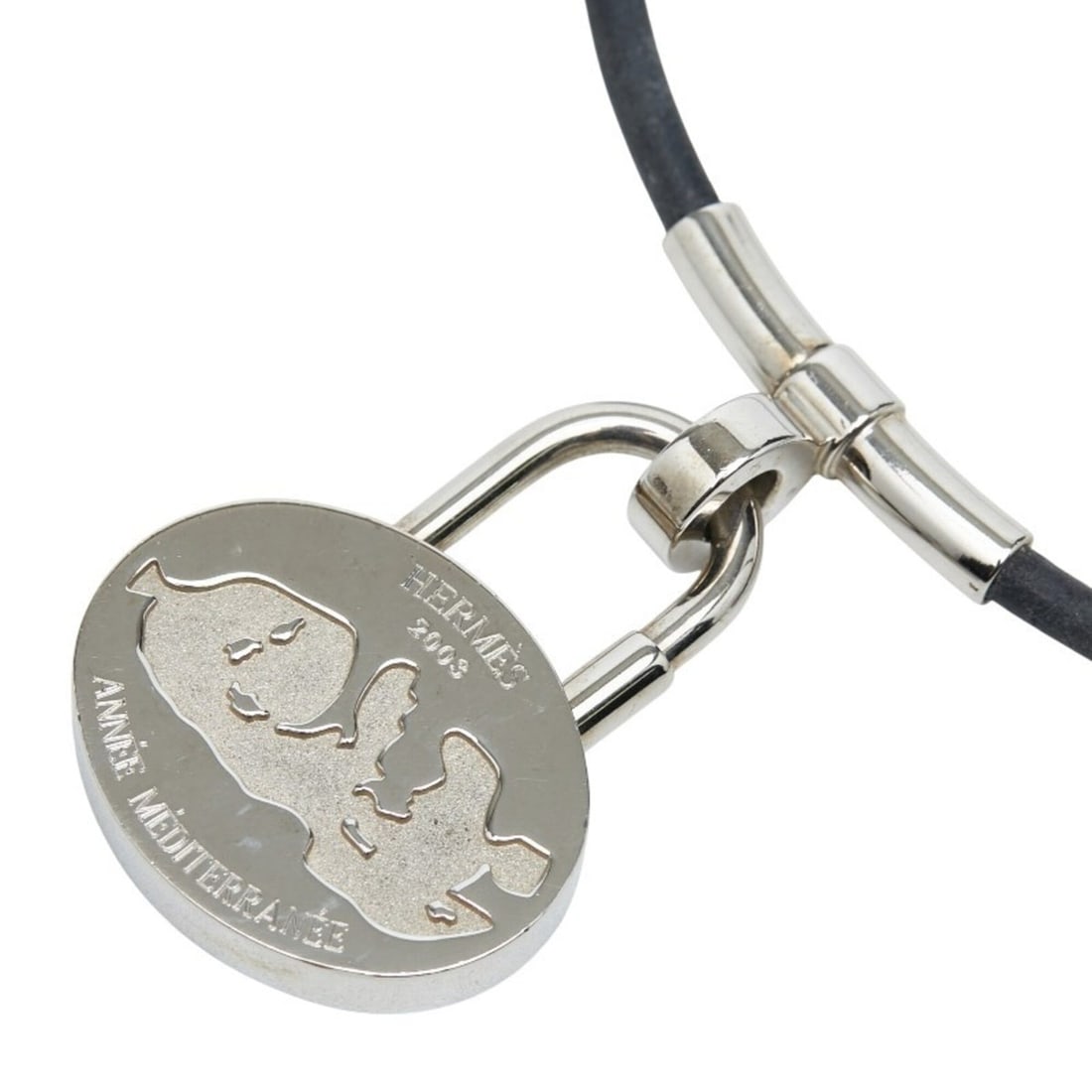 Hermes Mediterranean 2003 Limited Edition Necklace Choker Silver Black Metal Leather Women's HERMES: --- Catalog ---Category: SizePendant Size: 40.8mm x 30.8mm / 1.6'' x 1.21''Neck Circumference: 36 cm / 14.17''Category: DesignColor: Black, SilverGender: WomenMaterial: Leather, MetalNecklace Type: Ne