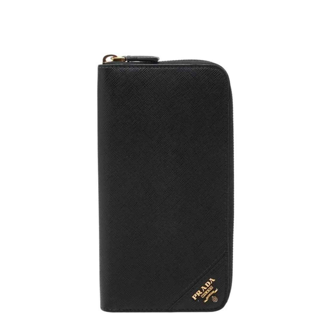 Prada Round Zip Long Wallet 2ML317 Black Saffiano Leather Women's PRADA: --- Catalog ---Category: SizeSize (HxWxD): 10.5cm x 20cm x 2cm / 4.13'' x 7.87'' x 0.78''Category: DesignType: Long wallet (bi-fold)Color: BlackGender: WomenMaterial: Saffiano triangle , Leather Categ