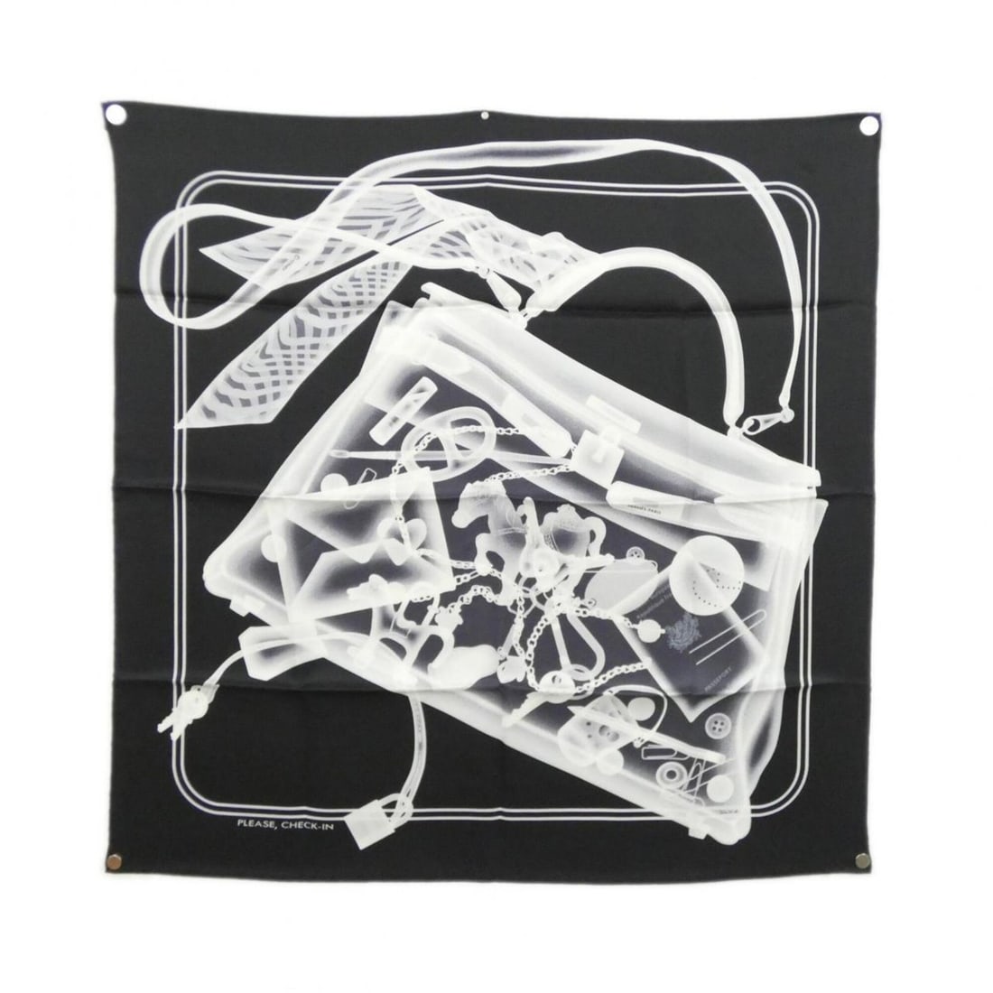 Hermes PLEASE CHECK-IN Carre Scarf Muffler: --- Catalog ---Category: SizeSize (LxW): 70cm x 70cm / 27.55'' x 27.55''Category: DesignType: ScarfColor: Black, WhiteMaterial: Silk Category: GeneralBrand: Hermes--- Item List ---Section: