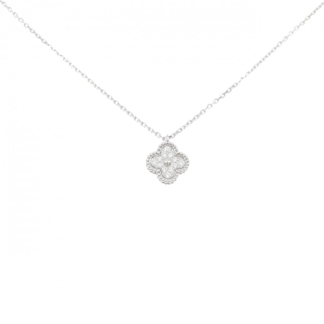 Van Cleef & Arpels Sweet Alhambra Necklace: --- Catalog ---Category: SizePendant Size: 9.2mm x 9.2mm / 0.36'' x 0.36''Neck Circumference: 38 cm - 40 cm / 14.96'' - 15.74''Category: DesignColor: White goldStone: DiamondGender: WomenMaterial: Whi