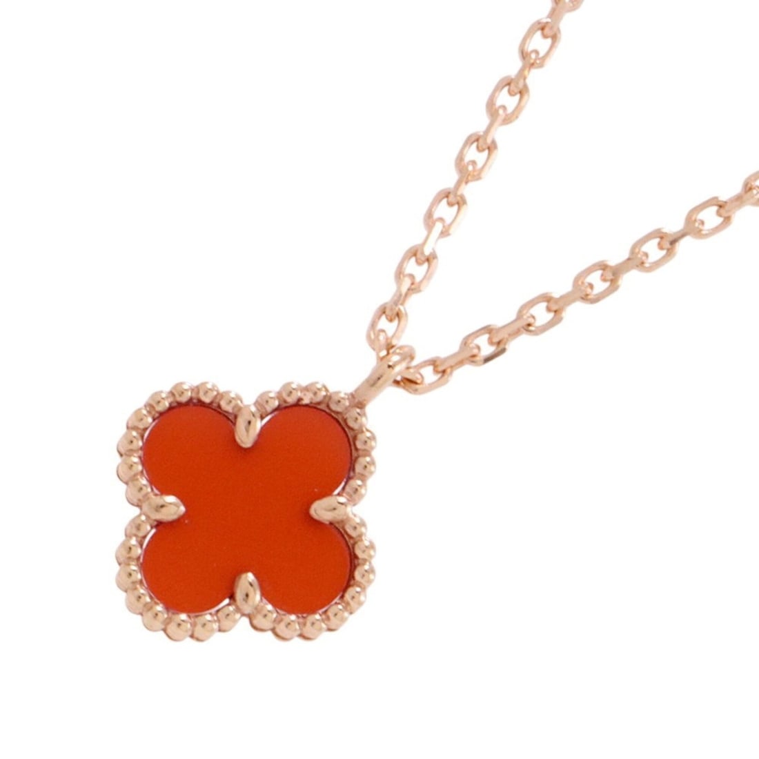 Van Cleef & Arpels Sweet Alhambra Pendant Necklace, Carnelian, 18K Pink Gold (VCARN59M00): --- Catalog ---Category: SizePendant Size: 9.1mm x 9.1mm / 0.35'' x 0.35''Neck Circumference: 38 cm - 40 cm / 14.96'' - 15.74''Category: DesignGender: WomenMaterial: Pink gold (18K)Pendant Type: Penda