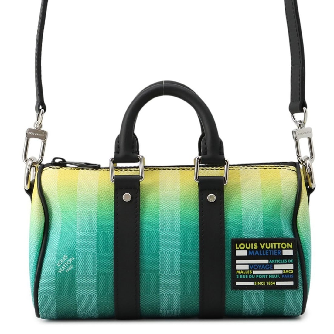 Louis Vuitton Damier Stripe Keepall XS Handbag M59949 LOUIS VUITTON 2-way Shoulder Bag for Men: --- Catalog ---Category: SizeSize (HxWxD): 12.5cm x 21.5cm x 9cm / 4.92'' x 8.46'' x 3.54''Category: DesignType: Handbag, Shoulder bagColor: Damier Canvas, Green, YellowGender: MenHardware Color: Silv