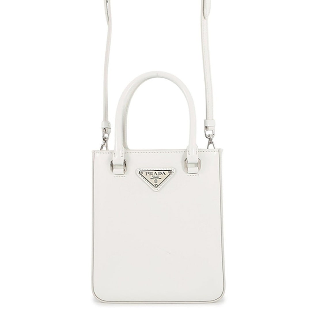 Prada handbag, Spazzolato small triangle leather 1BA331 PRADA 2-way shoulder bag, white. handbag: --- Catalog ---Category: SizeSize (HxWxD): 17.5cm x 15.5cm x 5cm / 6.88'' x 6.1'' x 1.96''Category: DesignType: Handbag, Shoulder bagColor: WhiteGender: WomenMaterial: Leather Hardware Color: