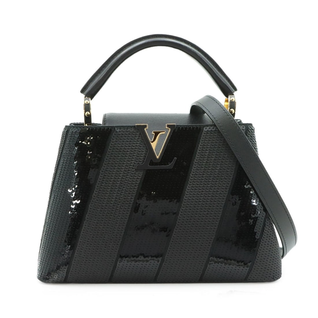 Louis Vuitton Capucines BB 2-way Hand/Shoulder Handbag, Sequin Leather, Black: --- Catalog ---Category: SizeSize (HxWxD): 21cm x 27cm x 9cm / 8.26'' x 10.62'' x 3.54''Category: DesignType: HandbagColor: BlackGender: WomenMaterial: Spangles , Leather Category: GeneralBrand: