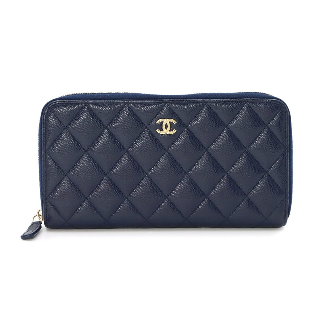 Chanel Matelasse Classic Long Zip Wallet, Round Caviar Leather, Navy, A50097: --- Catalog ---Category: SizeSize (HxWxD): 10.5cm x 19cm x 2.5cm / 4.13'' x 7.48'' x 0.98''Category: DesignType: Long wallet (bi-fold)Color: NavyGender: WomenMaterial: Grained Calfskin Category: Gener