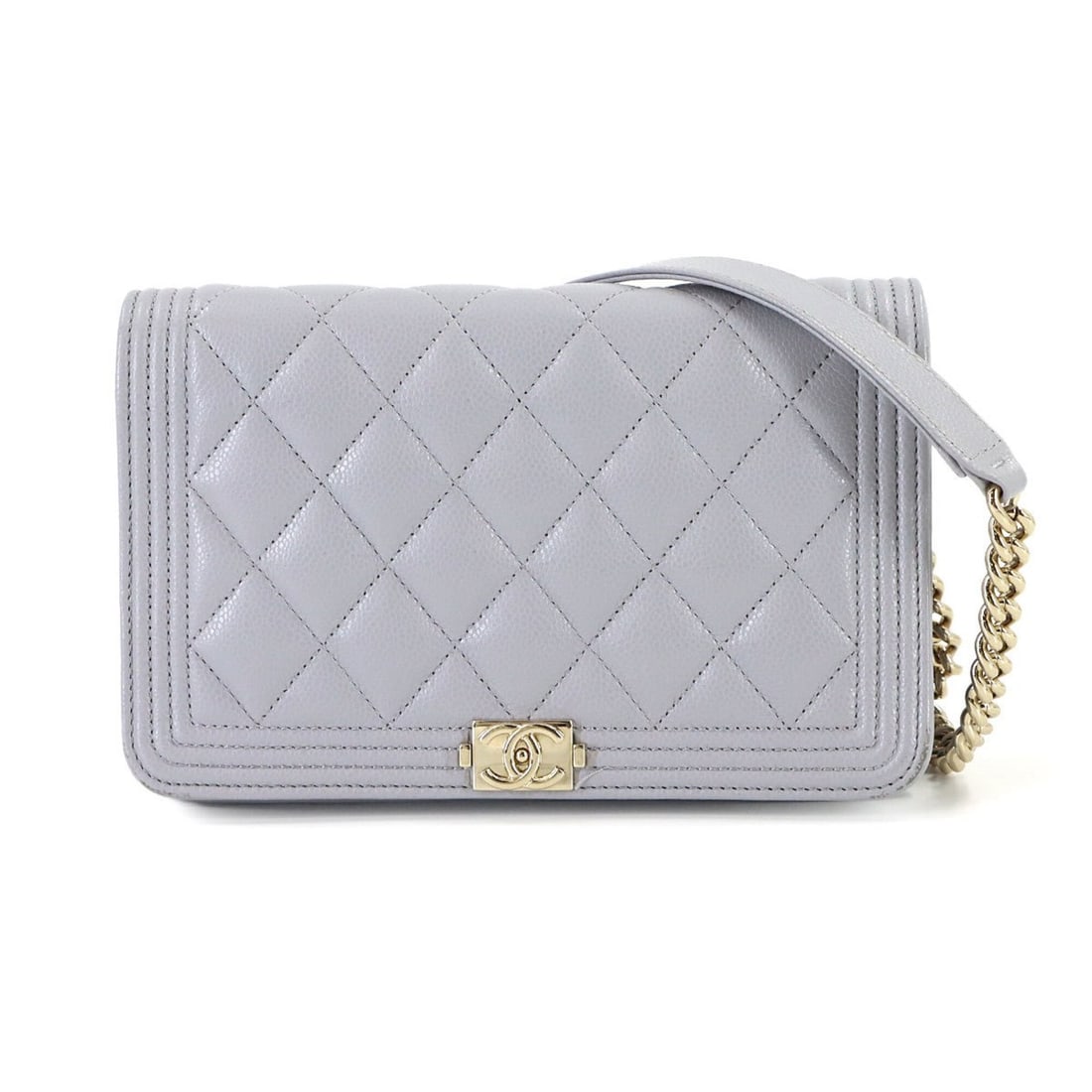 Chanel Boy Chain Wallet, Long Caviar Leather, Gray, AP1117, Gold Hardware.: --- Catalog ---Category: SizeSize (HxWxD): 12.5cm x 19cm x 4cm / 4.92'' x 7.48'' x 1.57''Category: DesignType: Chain/Shoulder walletColor: GrayGender: WomenMaterial: Grained Calfskin Category: General