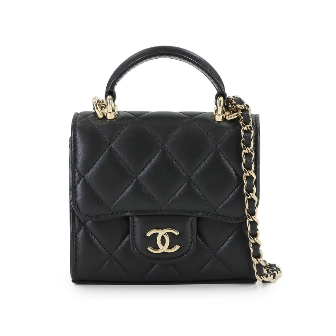 Chanel Mini Matelasse Chain Clutch Shoulder Handbag, Lambskin, Black, AP2682, Gold Hardware.: --- Catalog ---Category: SizeSize (HxWxD): 10.5cm x 11cm x 4.5cm / 4.13'' x 4.33'' x 1.77''Category: DesignType: Handbag, Shoulder bagColor: BlackGender: WomenMaterial: Leather Leather/Fur Type: Lambs