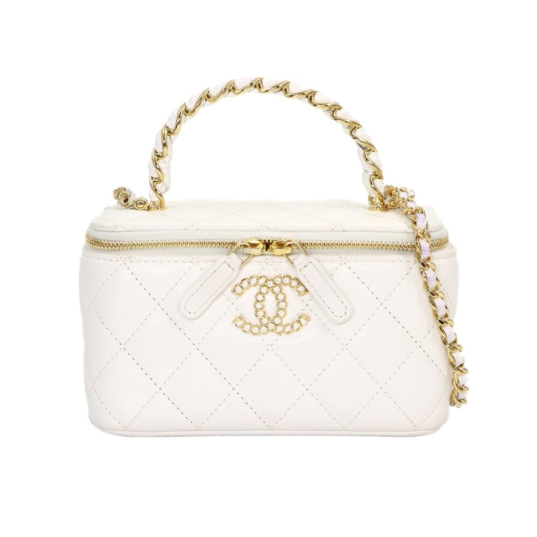 Chanel Matelassé Vanity 2-way Handbag Chain Shoulder Bag Caviar Leather White AP3012: --- Catalog ---Category: SizeSize (HxWxD): 10cm x 16cm x 8cm / 3.93'' x 6.29'' x 3.14''Category: DesignType: Handbag, Shoulder bag, Vanity bagColor: WhiteGender: WomenMaterial: Grained Calfskin Catego