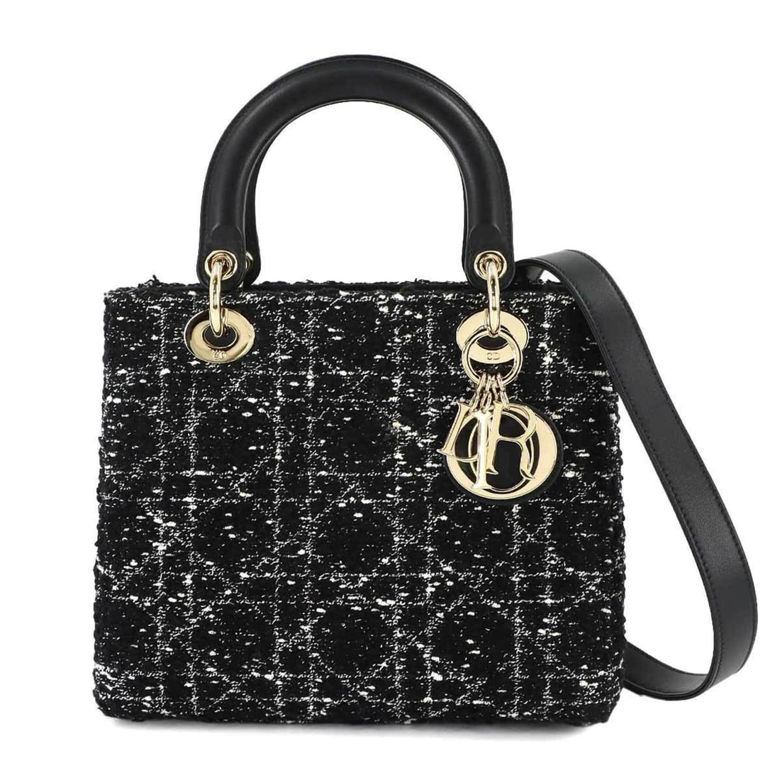 Christian Dior Cannage Lady D-Lite Medium 2-way Hand/Shoulder Handbag, Tweed Leather, Black: --- Catalog ---Category: SizeSize (HxWxD): 21cm x 24.5cm x 12cm / 8.26'' x 9.64'' x 4.72''Category: DesignType: HandbagColor: BlackGender: WomenMaterial: Tweed , Leather Category: GeneralBrand: Christ