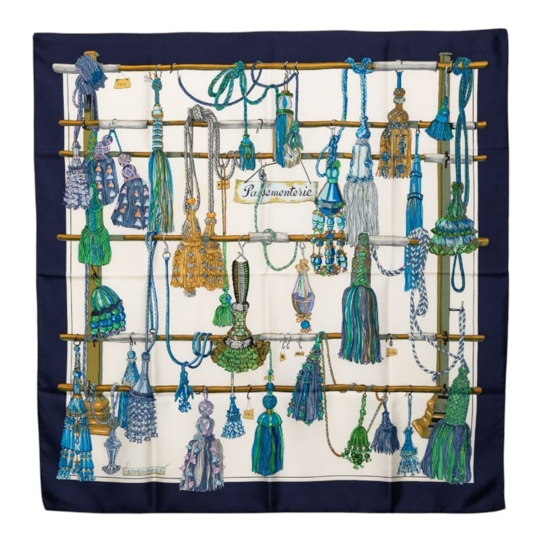 Hermes Carre 90 PASEMENTERIE Scarf with Drawstring, Navy Multicolor Silk, Women's.: --- Catalog ---Category: SizeSize (LxW): 88cm x 88cm / 34.64'' x 34.64''Category: DesignType: ScarfColor: Multi-color, NavyGender: WomenMaterial: Silk Category: GeneralBrand: Hermes--- Item List ---Se