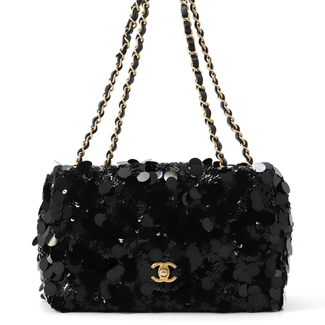 Chanel Chain Shoulder Bag, Matelassé, Coco Mark, Lambskin, Satin, Sequins, Double Chain, CHANEL,: --- Catalog ---Category: SizeSize (HxWxD): 17cm x 26cm x 7.5cm / 6.69'' x 10.23'' x 2.95''Category: DesignType: Handbag, Shoulder bagColor: BlackGender: WomenMaterial: Satin , Leather , Spangles Hardw