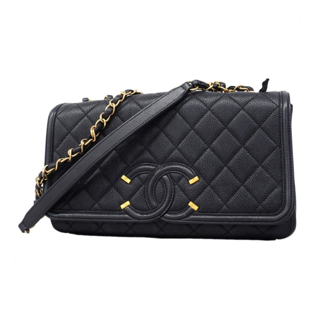 Chanel Shoulder Bag, Double Chain, CC Filigree, Caviar Leather, Black, Women's, P2855984: --- Catalog ---Category: SizeSize (HxWxD): 16cm x 25cm x 6.5cm / 6.29'' x 9.84'' x 2.55''Category: DesignType: Shoulder bagColor: BlackGender: WomenMaterial: Grained Calfskin Hardware Color: GoldCateg
