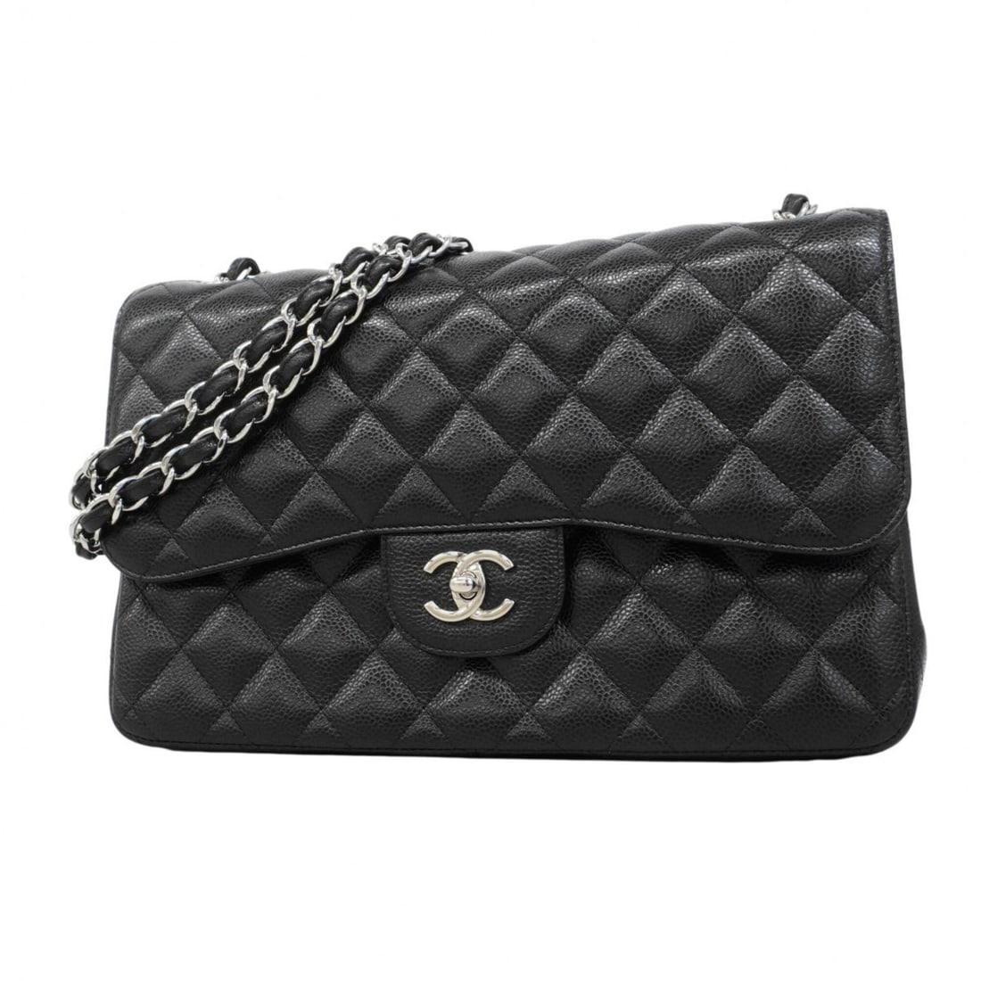 Chanel Shoulder Bag, Large Matelassé, Double Flap, Chain, Caviar Leather, Black, Women's: --- Catalog ---Category: SizeSize (HxWxD): 22cm x 30cm x 8.5cm / 8.66'' x 11.81'' x 3.34''Category: DesignType: Shoulder bagColor: BlackGender: WomenMaterial: Grained Calfskin Hardware Color: SilverCa