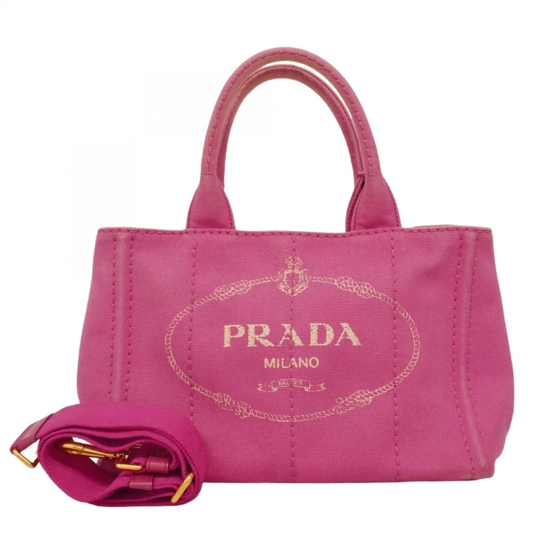 Prada Canapa Canvas Tote Bag, Pink, 2-way bag for women: --- Catalog ---Category: SizeSize (HxWxD): 19cm x 29cm x 16cm / 7.48'' x 11.41'' x 6.29''Category: DesignType: Tote bagColor: PinkGender: WomenMaterial: Canvas Hardware Color: GoldCategory: GeneralBra