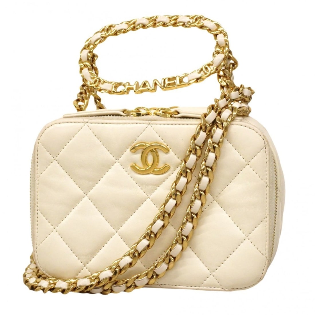 Chanel Matelassé Chain Shoulder Handbag, Lambskin, White, 2-way Bag for Women: --- Catalog ---Category: SizeSize (HxWxD): 12cm x 17.5cm x 9cm / 4.72'' x 6.88'' x 3.54''Category: DesignType: HandbagColor: WhiteGender: WomenMaterial: Leather Hardware Color: GoldLeather/Fur Type: L