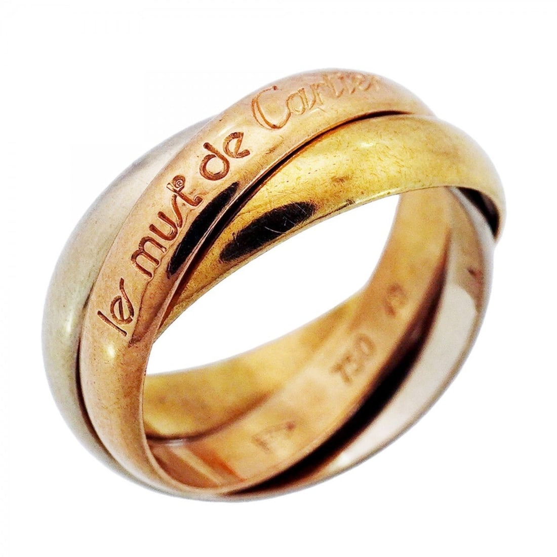 Cartier Trinity Classic Ring, available in 18K Yellow Gold, White and Pink size #49 (Women's).: --- Catalog ---Category: SizeUS Size: 5Brand Size: 49Category: DesignType: Band ringGender: WomenMaterial: Pink gold (18K), White gold (18K), Yellow gold (18K)Category: GeneralBrand: Cartier--- Item L