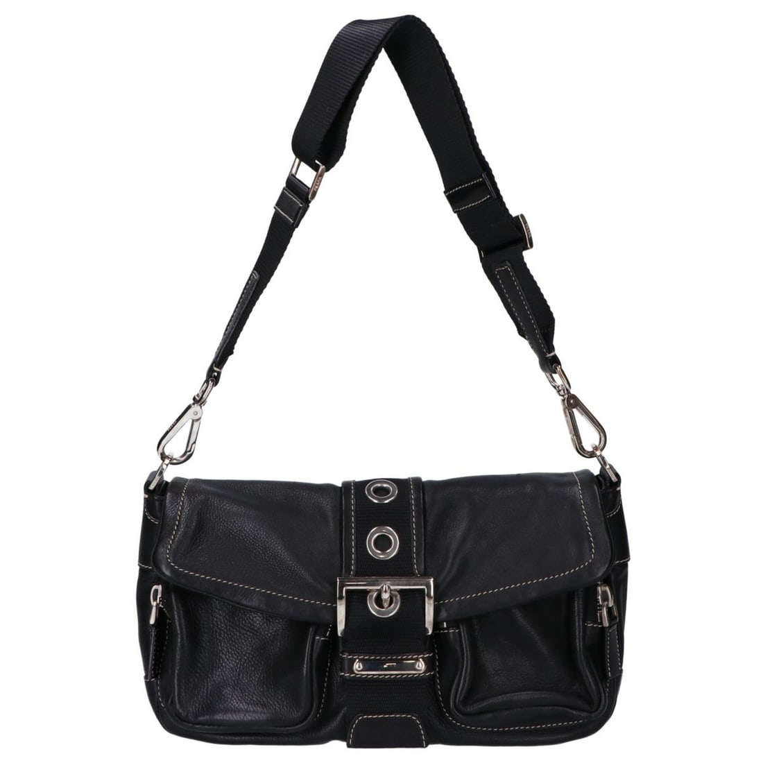 PRADA BR2417 Calfskin Triangle Plate Belt Flap All Leather Shoulder Bag Black Silver Hardware (1 of 18)