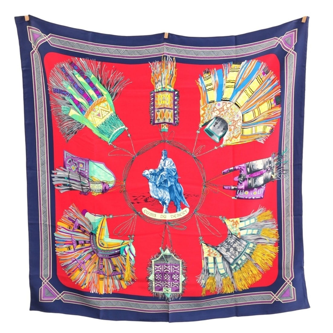 HERMES CUIRS DU DESERT (Desert Ornament) Carre 90 Red Blue Multicolor Silk Scarf/Muffler for Women: --- Catalog ---Category: SizeSize (LxW): 86cm x 87cm / 33.85'' x 34.25''Category: DesignType: ScarfColor: Blue, Multi-color, Red colorGender: WomenMaterial: Silk Category: GeneralBrand: HermesCountry