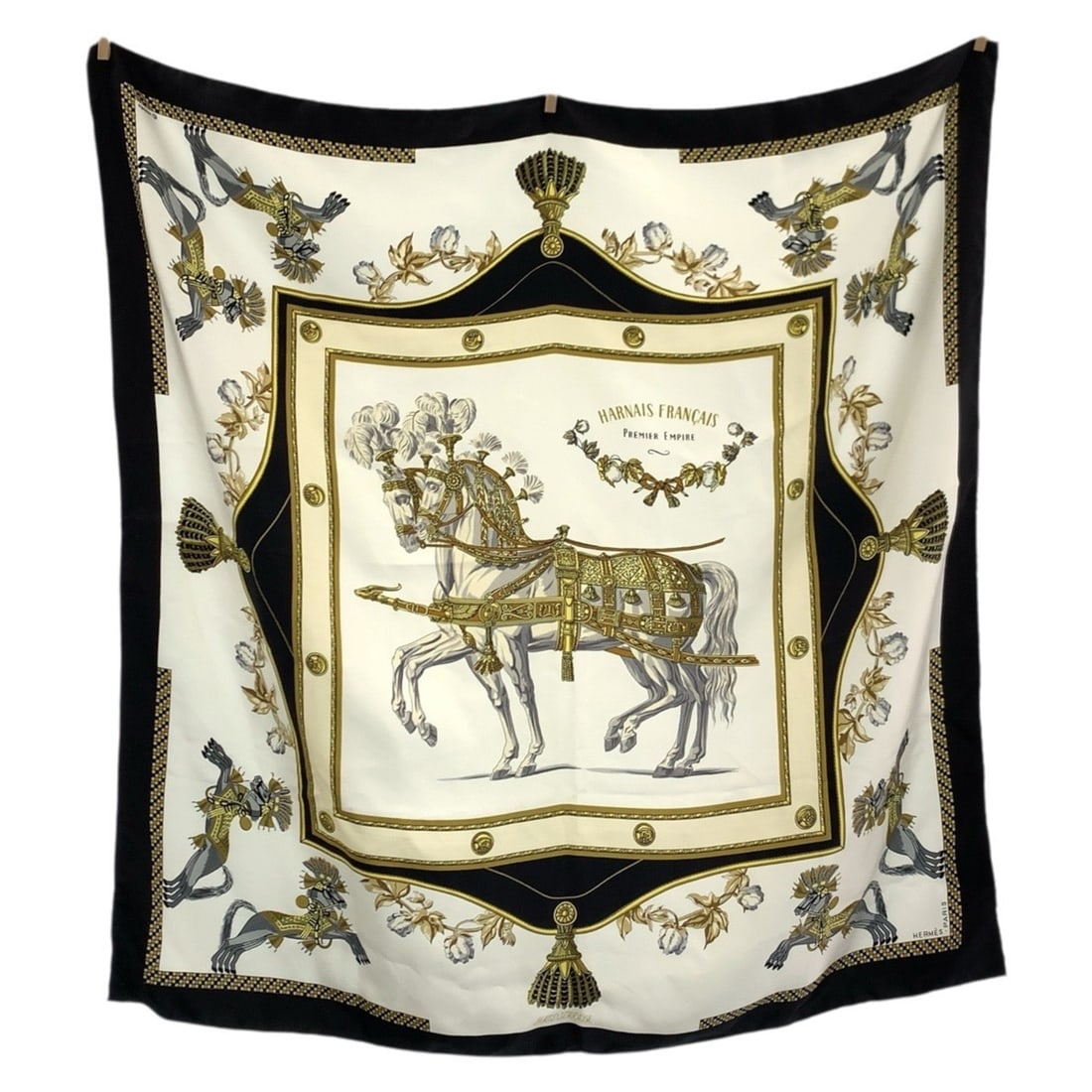 HERMES Harnais Francais PREMIER Carre 90 White Black Multicolor Silk Scarf Muffler for Women: --- Catalog ---Category: SizeSize (LxW): 88cm x 89cm / 34.64'' x 35.03''Category: DesignType: ScarfColor: Black, Multi-color, WhiteGender: WomenMaterial: Silk Category: GeneralBrand: HermesCountry of 