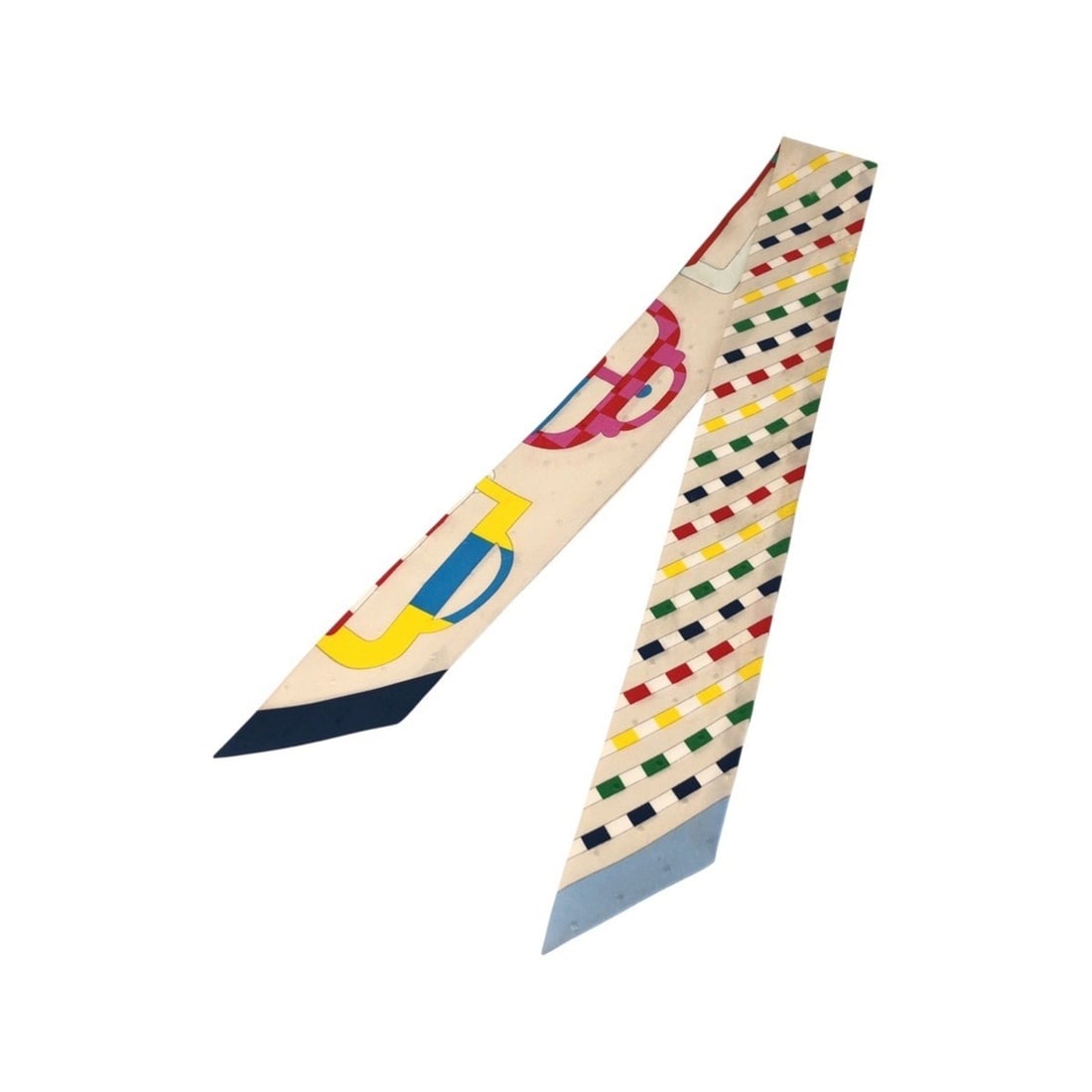HERMES Twilly Bouclérie Moderne Ivory Yellow Navy Silk Scarf Muffler Ribbon for Women: --- Catalog ---Category: SizeSize (LxW): 85cm x 5cm / 33.46'' x 1.96''Category: DesignType: ScarfColor: Ivory, Navy, YellowGender: WomenMaterial: Silk Category: GeneralBrand: HermesCountry of Origin: 