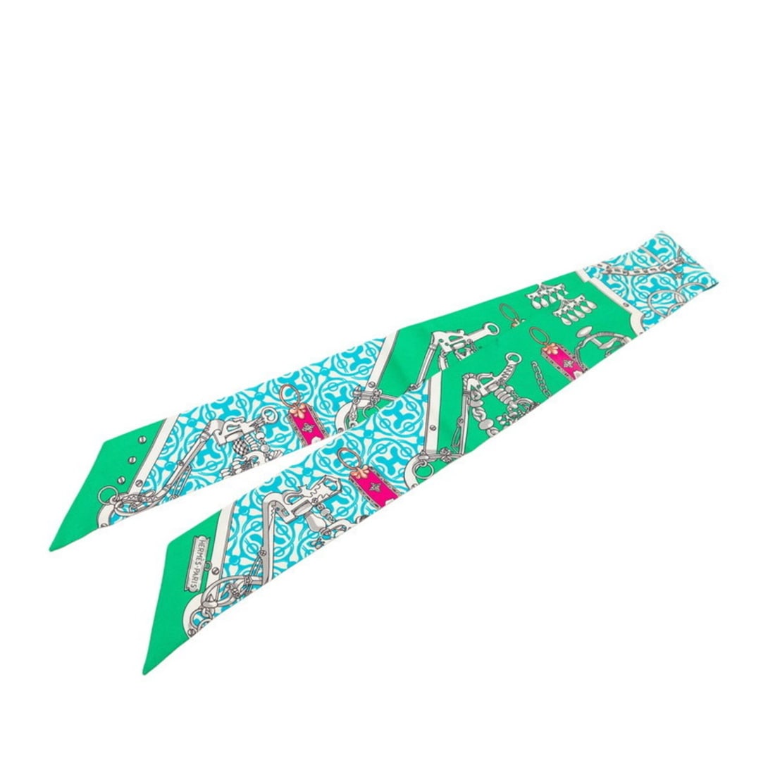 Hermes Twilly MORS ET GOURMETTES REMIX Scarf/Muffler, Green Multicolor Silk, Women's: --- Catalog ---Category: SizeSize (LxW): 85cm x 5cm / 33.46'' x 1.96''Category: DesignType: ScarfColor: Green, Multi-colorGender: WomenMaterial: Silk Category: GeneralBrand: Hermes--- Item List ---Sec